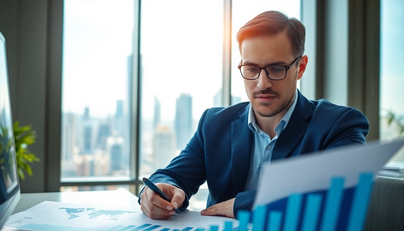 Analyze export tariffs trends with a market analyst in a modern office setup.