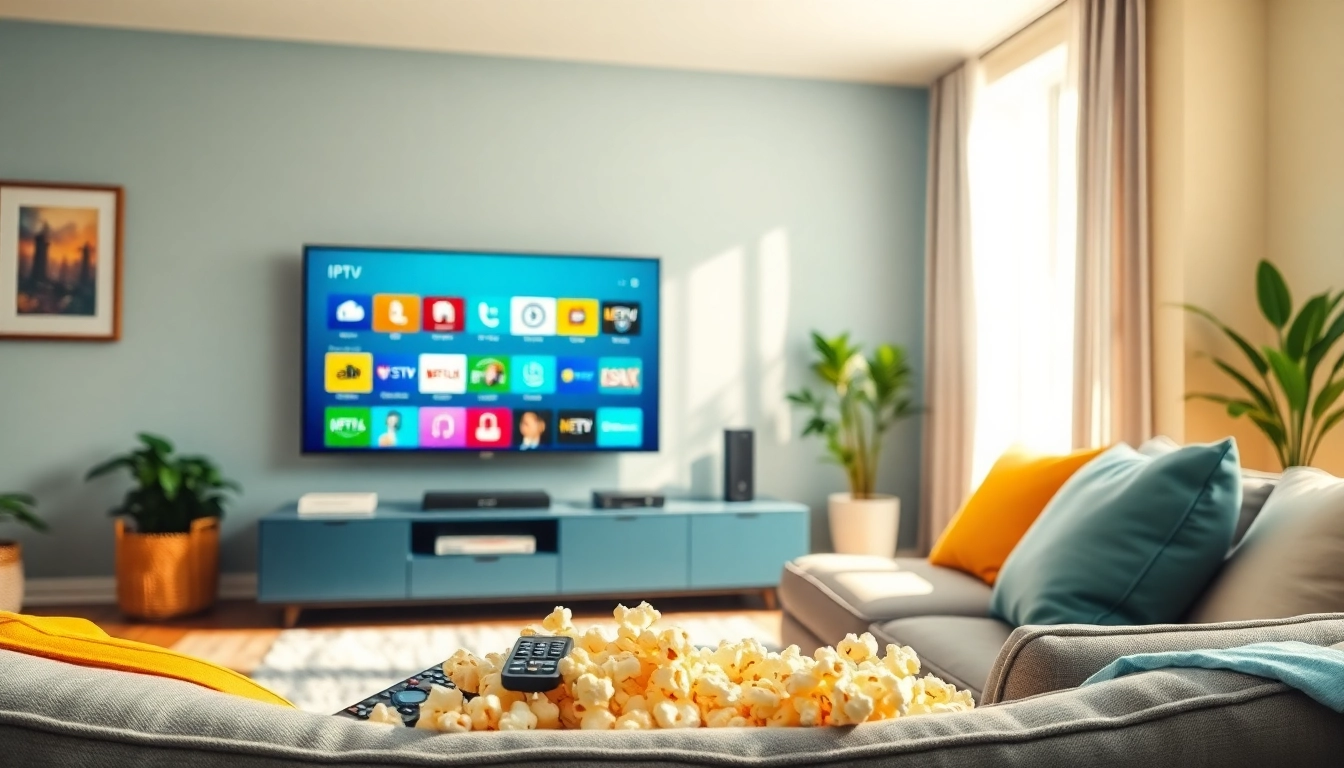 Experience Free trial IPTV with a modern living room showcasing vibrant entertainment options.