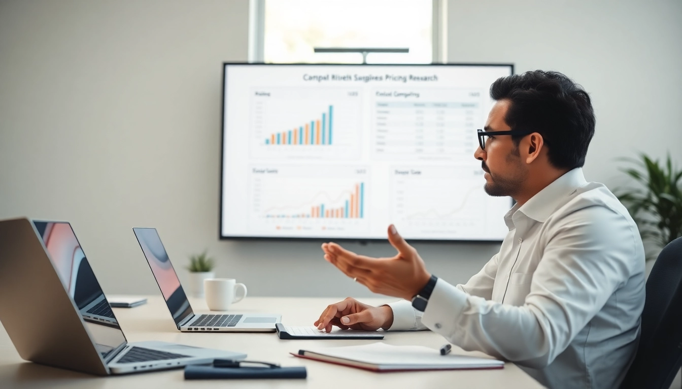 Analyze competitor pricing research data in a modern office with strategic insights highlighted.