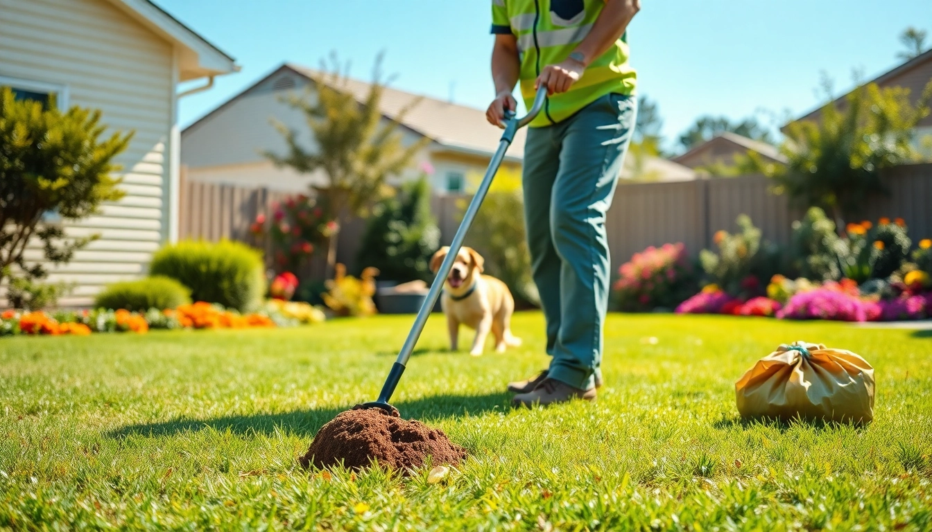 Dog poop pickup service in action, showcasing a professional scooper in a suburban backyard