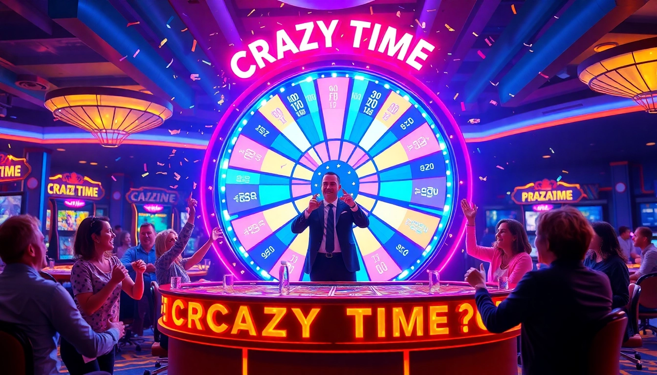 Crazy Time risultati: players celebrate exciting wins around the vibrant live game show wheel.