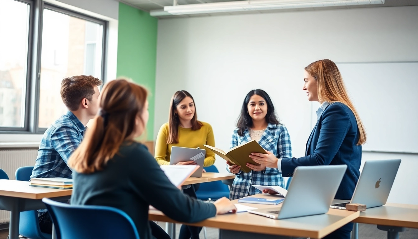 Engaged students receiving cipd level 7 assignment help from a tutor in a bright classroom.