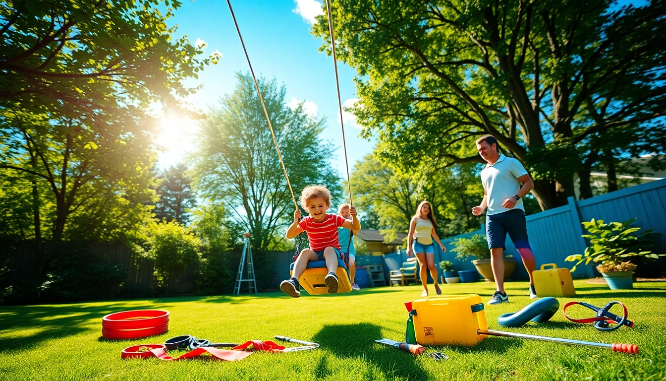 Kids enjoying ZIP WIRE KITS in a sunny backyard filled with safety gear and vibrant greenery.