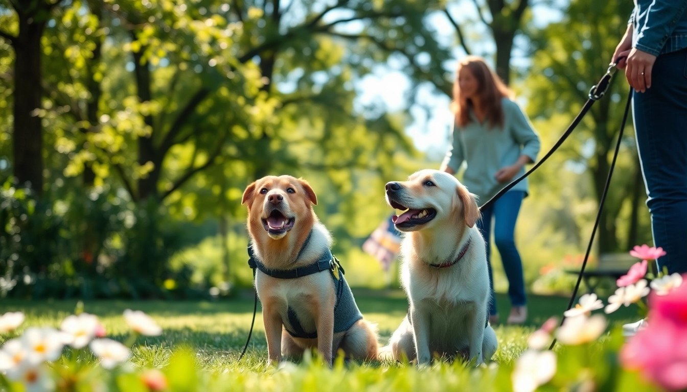 Psychiatric service dogs providing emotional support and companionship in a calming park environment.