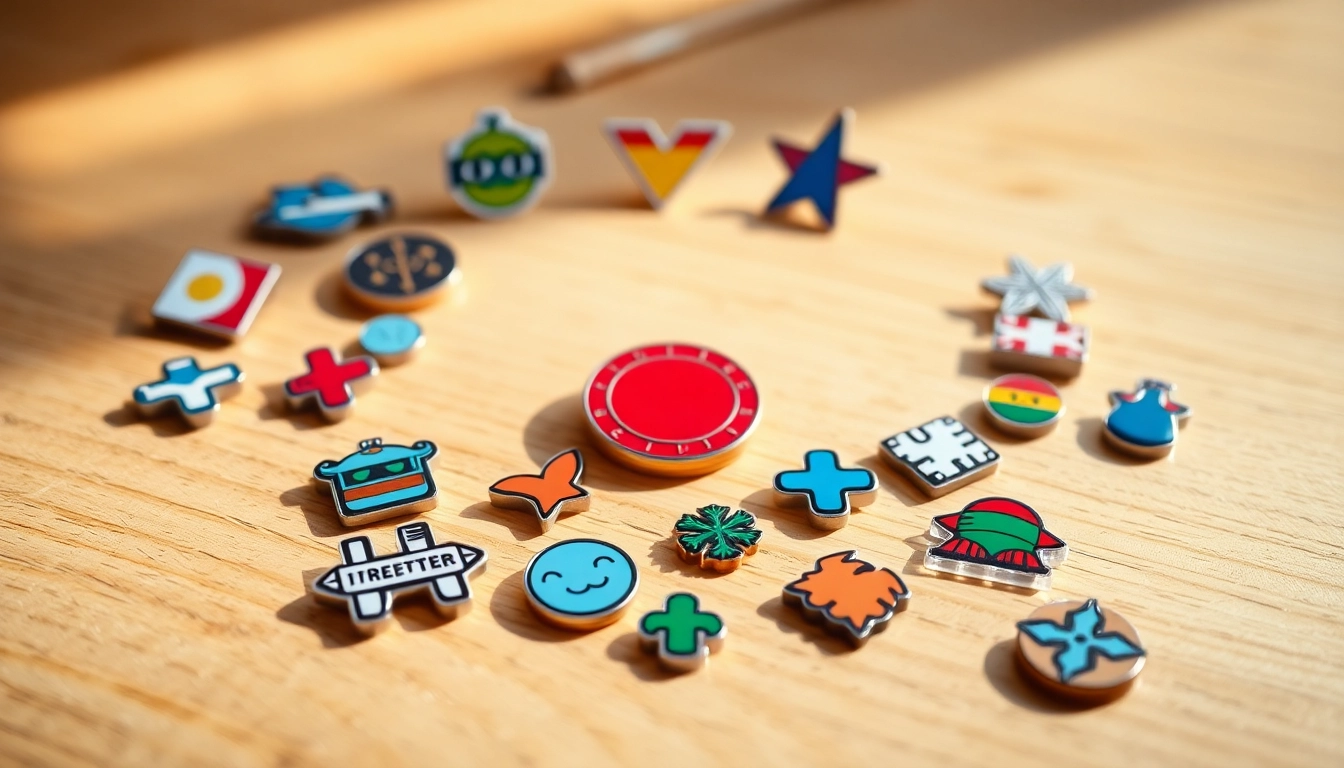 Showcase of custom acrylic pins featuring various designs and colors arranged artistically.