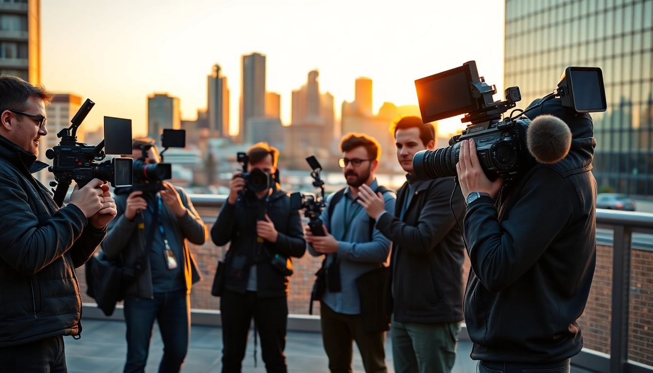 Video production team filming at Edmonton production companies site with urban skyline.