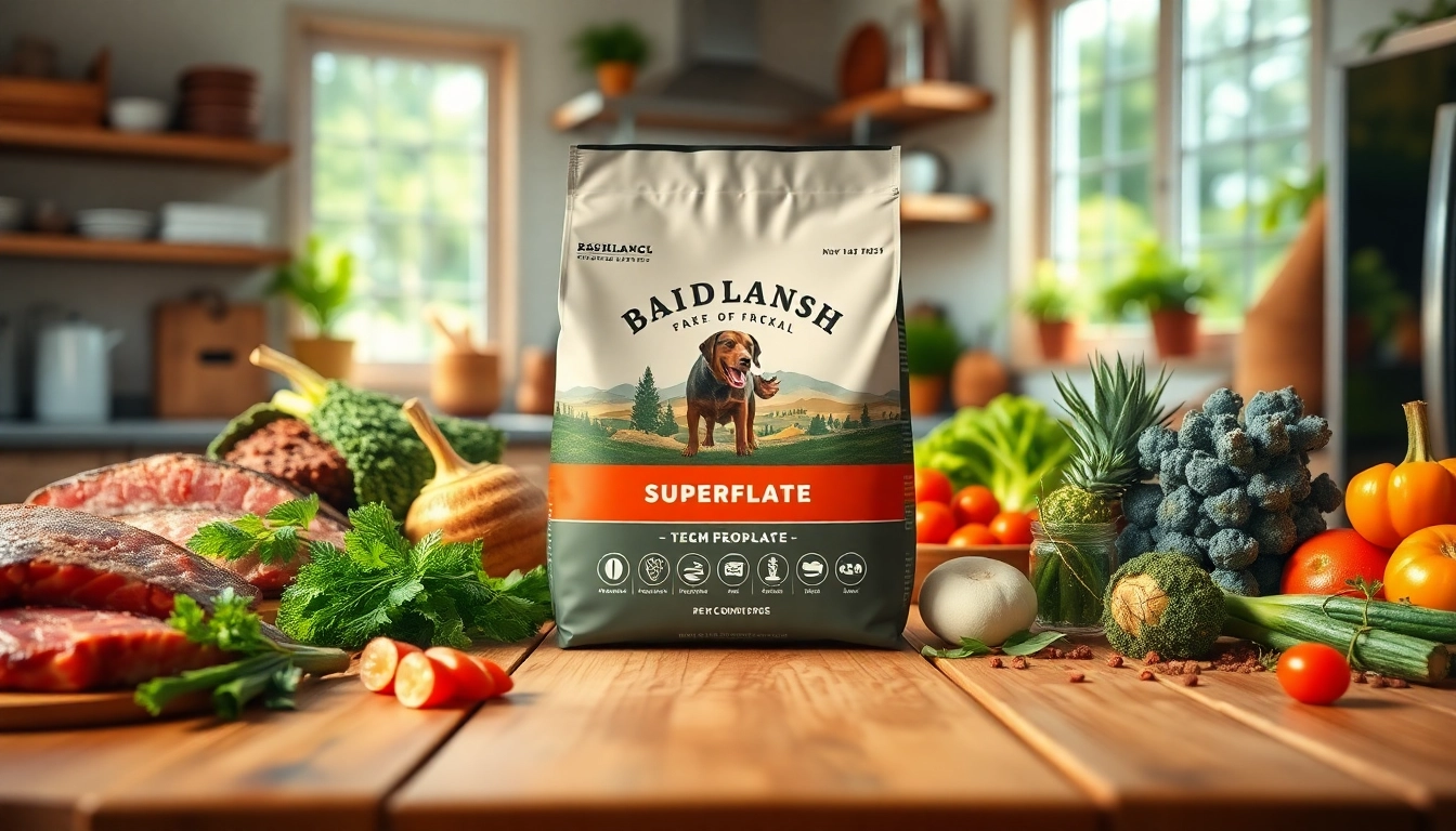 Showcase of badlands ranch superfood complete dog food with fresh, natural ingredients on a kitchen table.