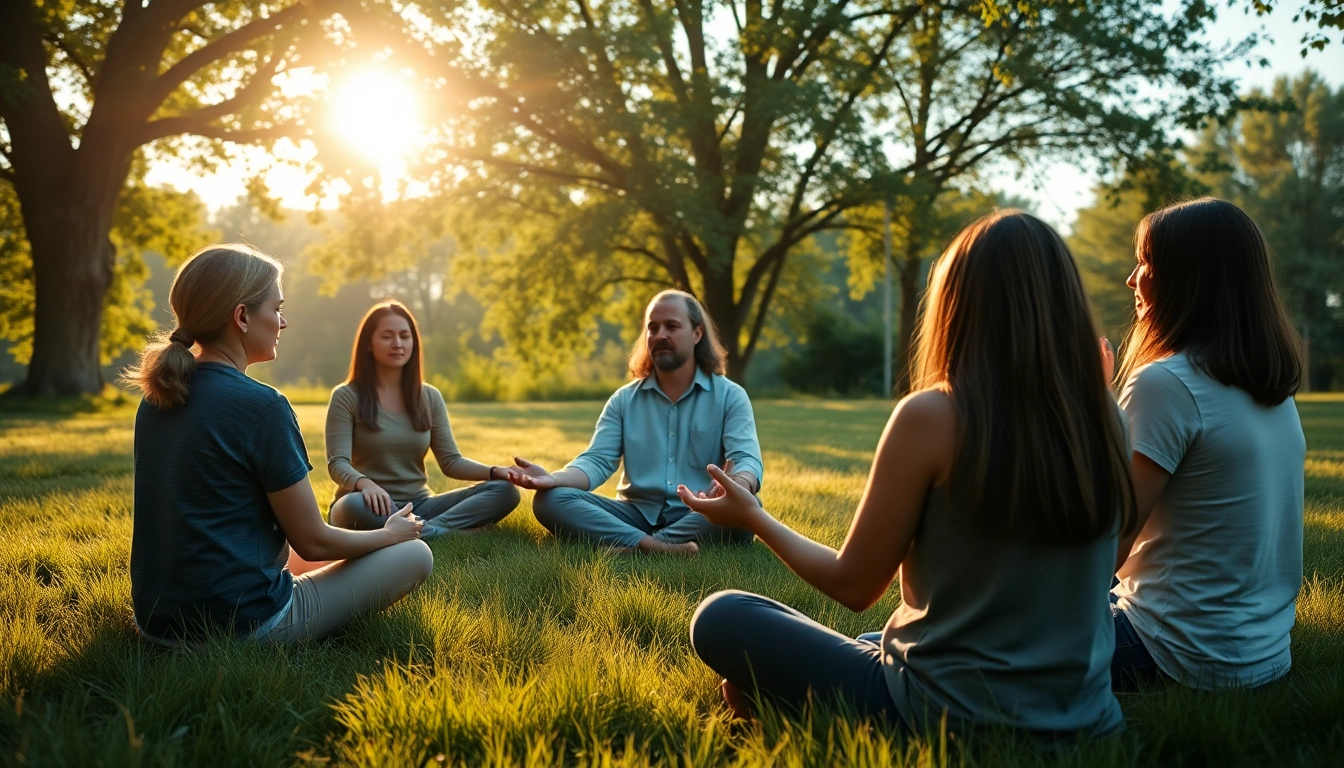 Engaging outdoor session focused on healing trauma with serene participants and a thoughtful therapist.