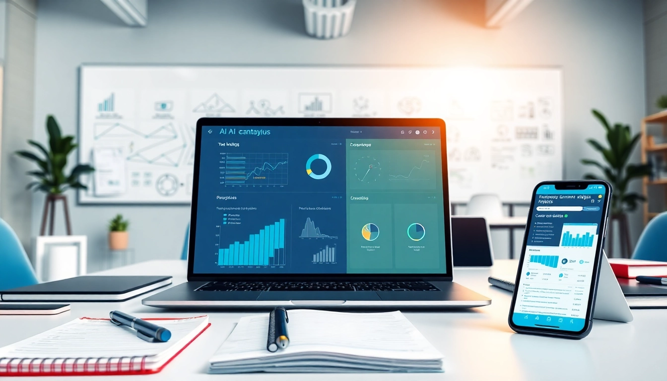Utilize ai prompts for competitor analysis in a vibrant office environment with analysis tools.