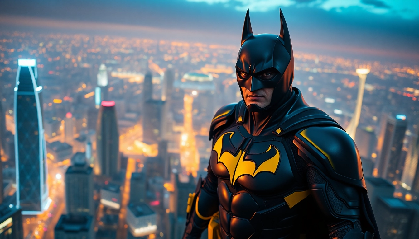 Menginspirasi karakter superhero yang terkait dengan game batman138 di kota futuristik yang cerah.