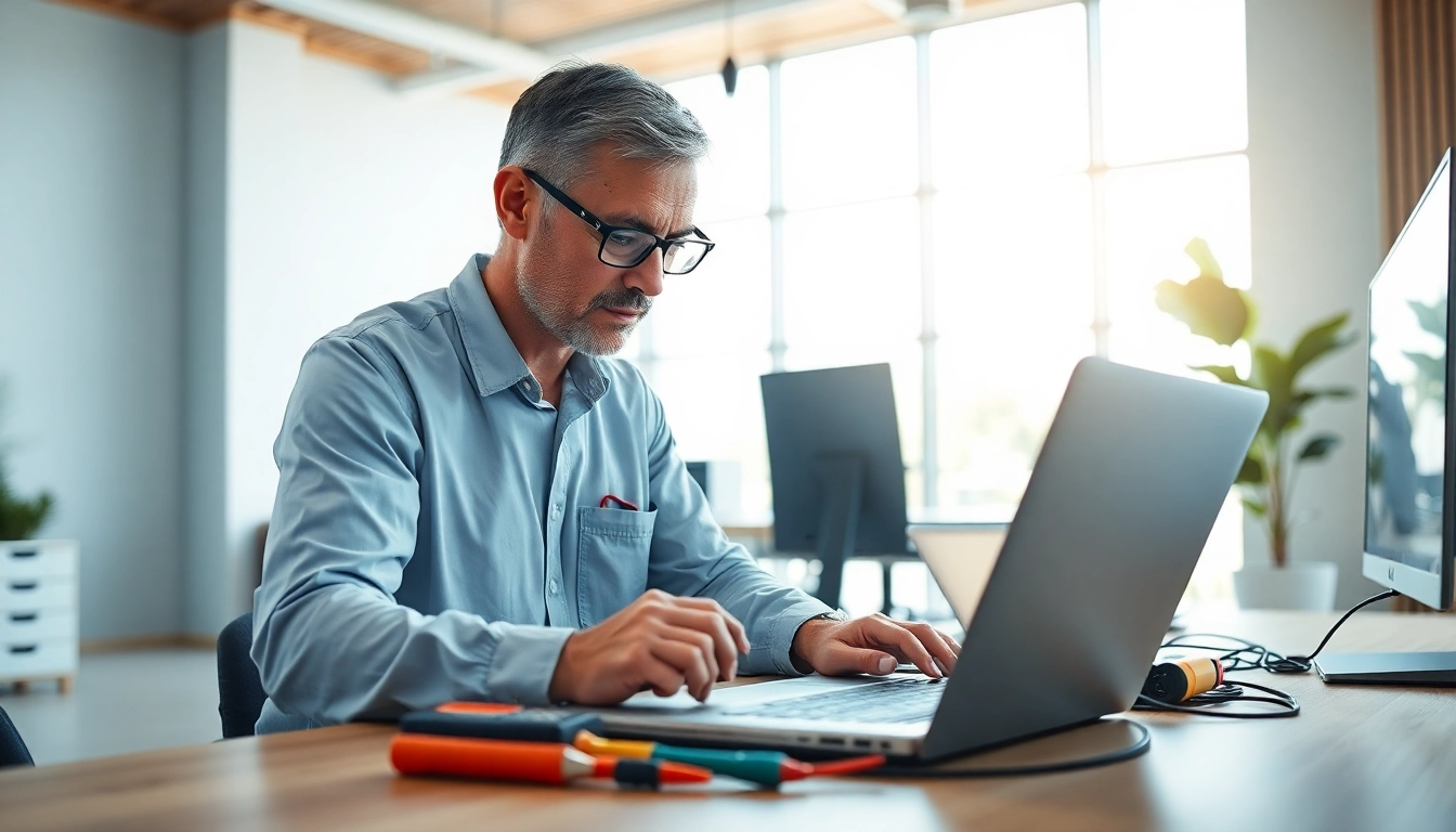 Technician providing computer service while repairing a laptop in a bright workspace.