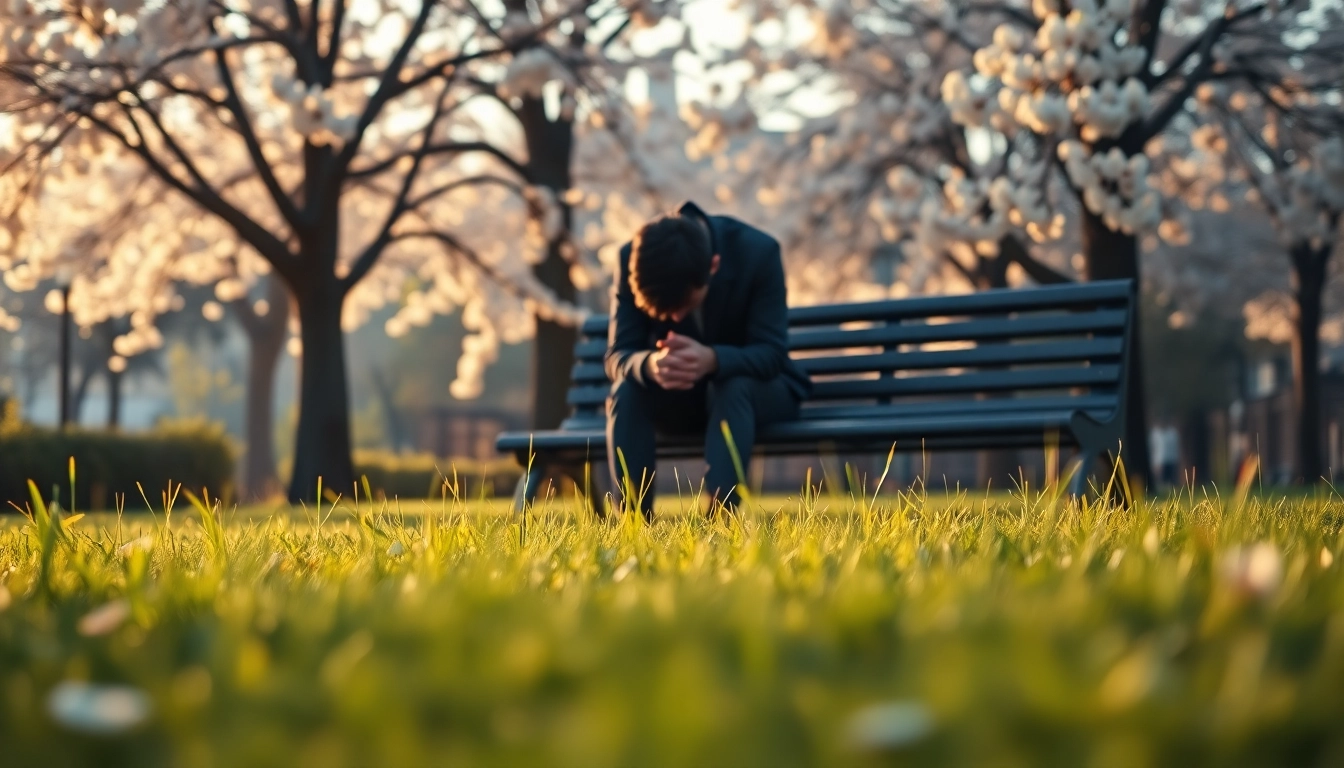 Person reflecting on loss while dealing with grief on a park bench surrounded by cherry blossoms.