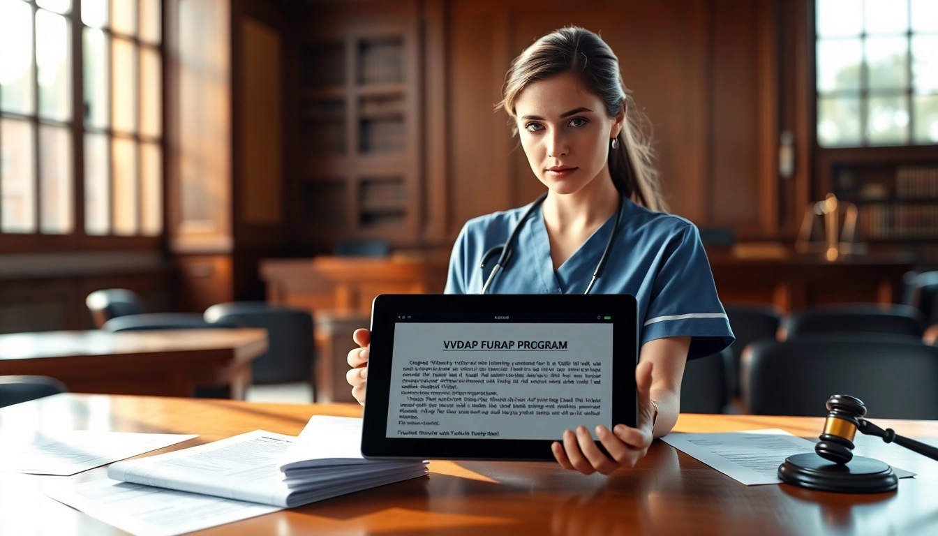 Illustration about Problems with VDAP for Alabama Nurses showing a concerned nurse in a courtroom.