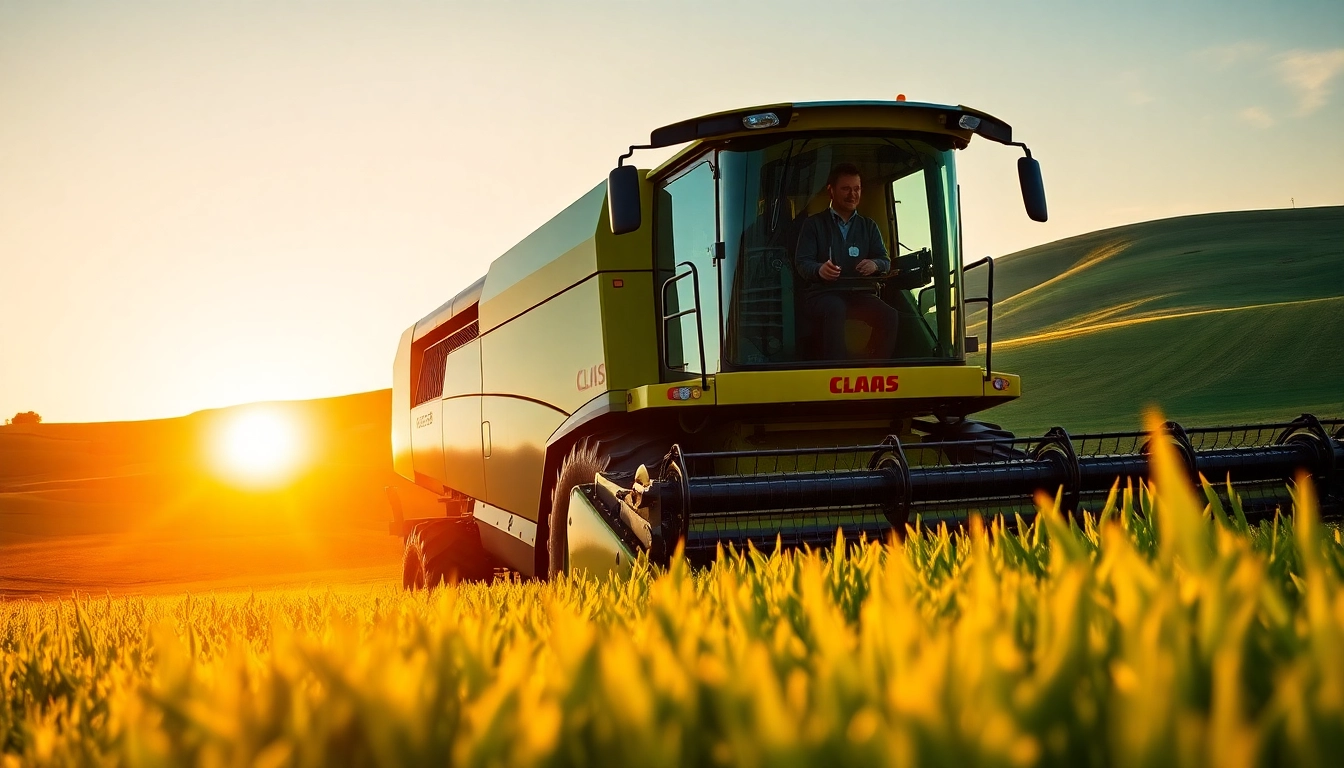 Claas Mähdrescher in einem blühenden Feld während des Sonnenuntergangs einsetzen