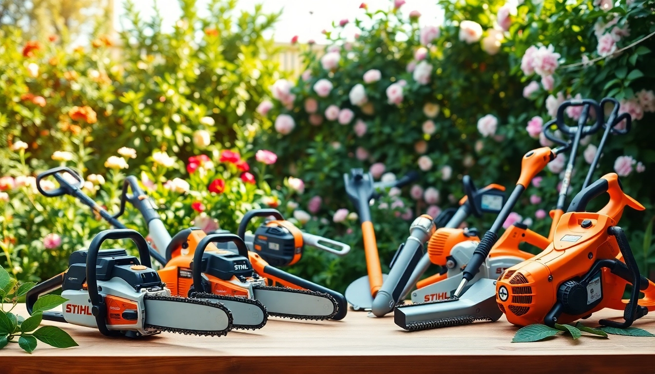 Stihl Gartengeräte in einem einladenden Garten präsentieren sich in strahlendem Licht.