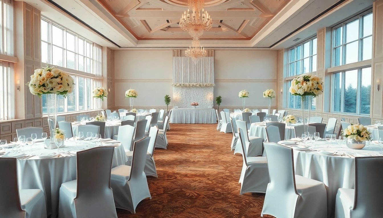 Arrange a stunning event space at le prestige hall with elegant decorations and natural lighting.