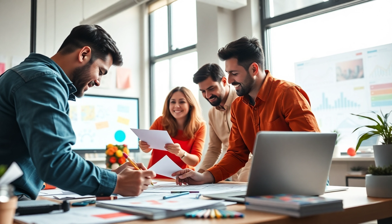 Creative team engaged in advertisement design, surrounded by sketches and digital tools.