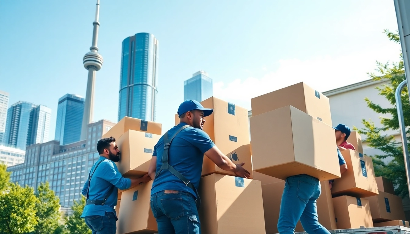 Team of professional movers engaged in Toronto moving, showcasing teamwork and bustling city atmosphere.