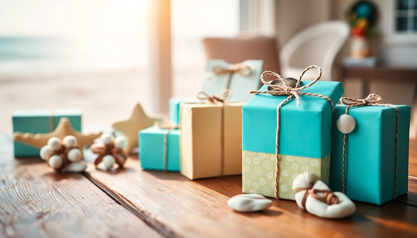 Showcasing vibrant 30A gifts on a rustic table with beach-themed decorations.