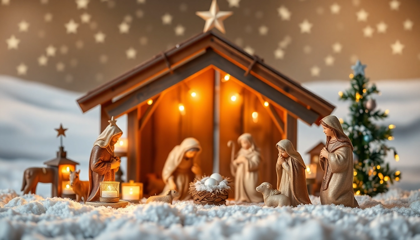Beautifully arranged Nativity sets evoke a warm Christmas spirit with soft glowing lights.