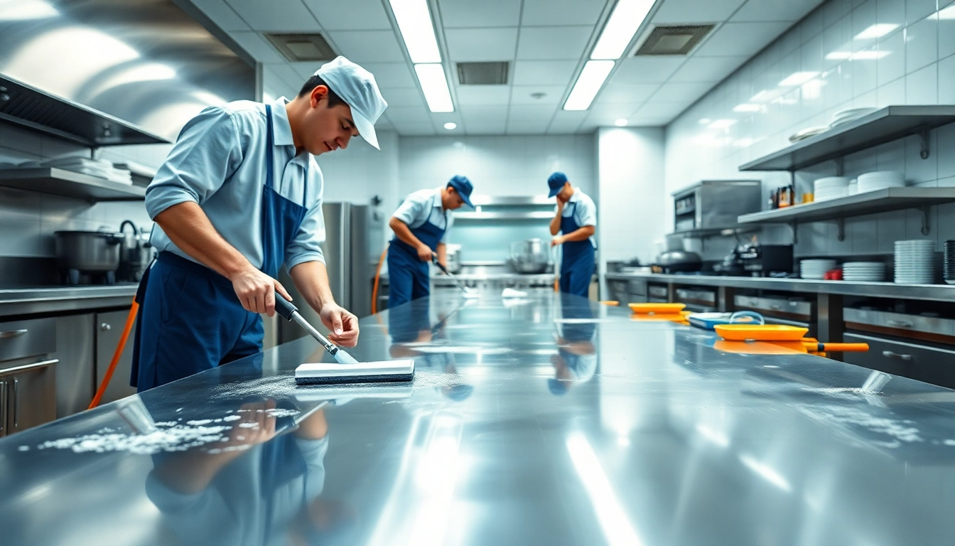 Restaurant Janitorial Cleaning service team effectively sanitizing a commercial kitchen environment.