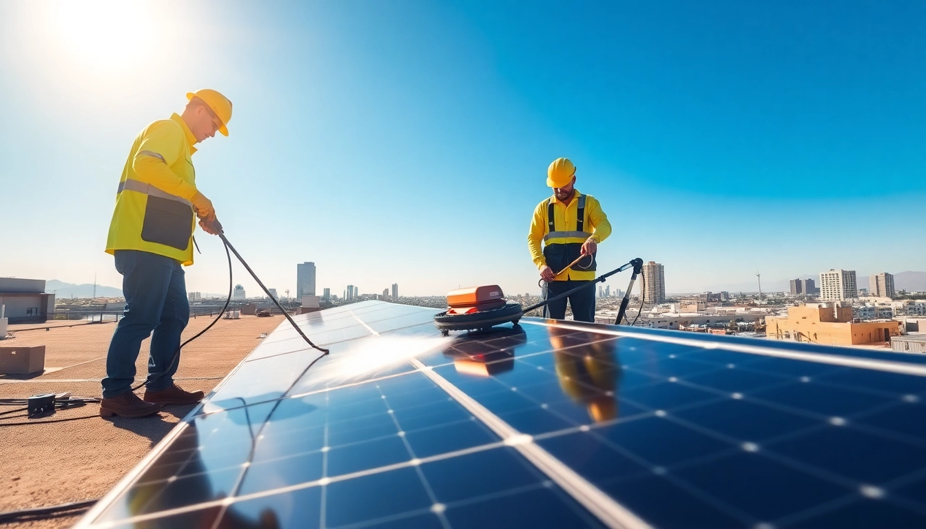 Affordable solar panel cleaning Phoenix team effectively cleans solar panels on a sunny rooftop.