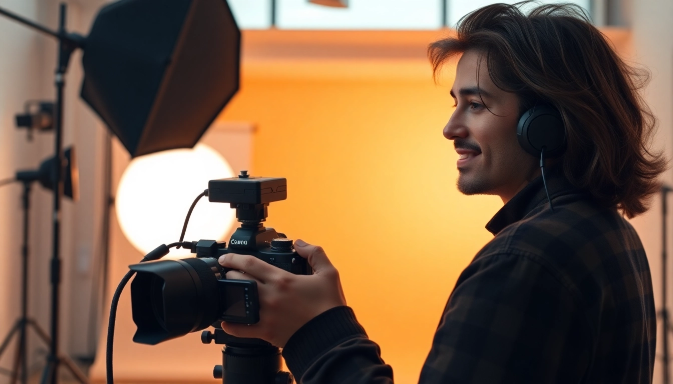 Professional Photographer capturing a vibrant portrait in a modern studio setting