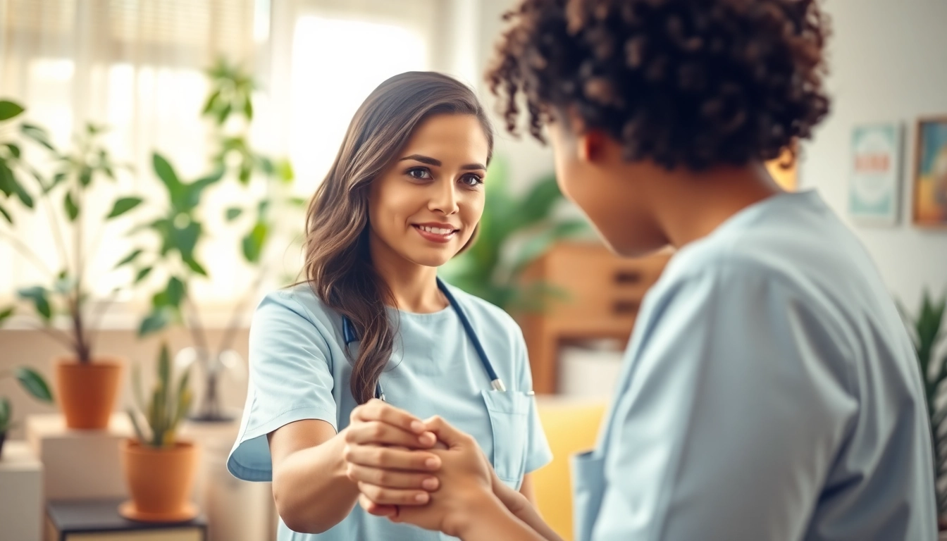 Supporting a patient’s breast cancer recovery journey with compassionate care in a serene clinic.