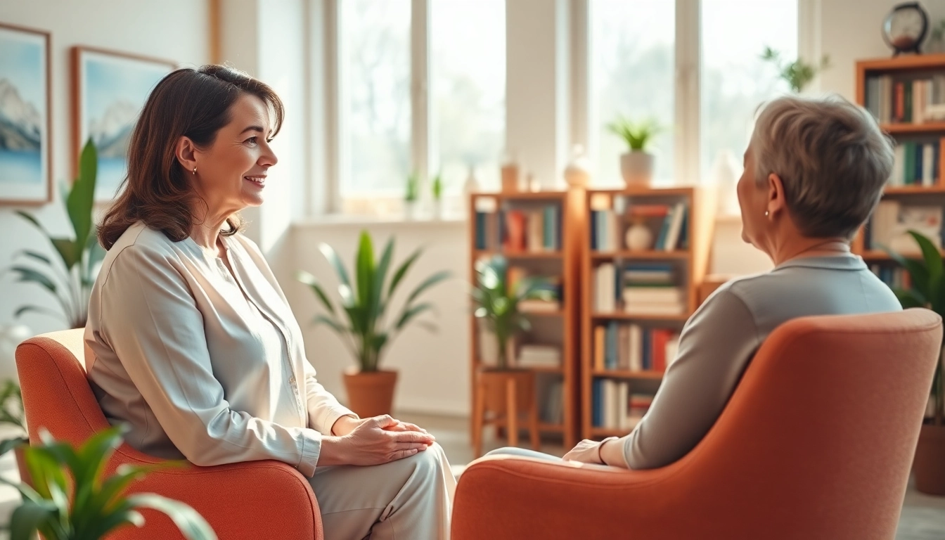 Counselor supporting individuals dealing with depression in a serene office environment.