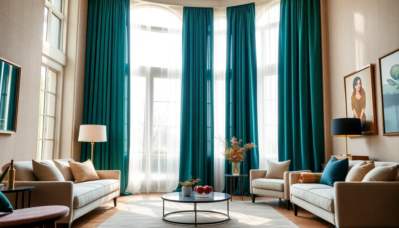 Velours gordijnen creëren een luxe sfeer in een elegante woonkamer met natuurlijk licht.